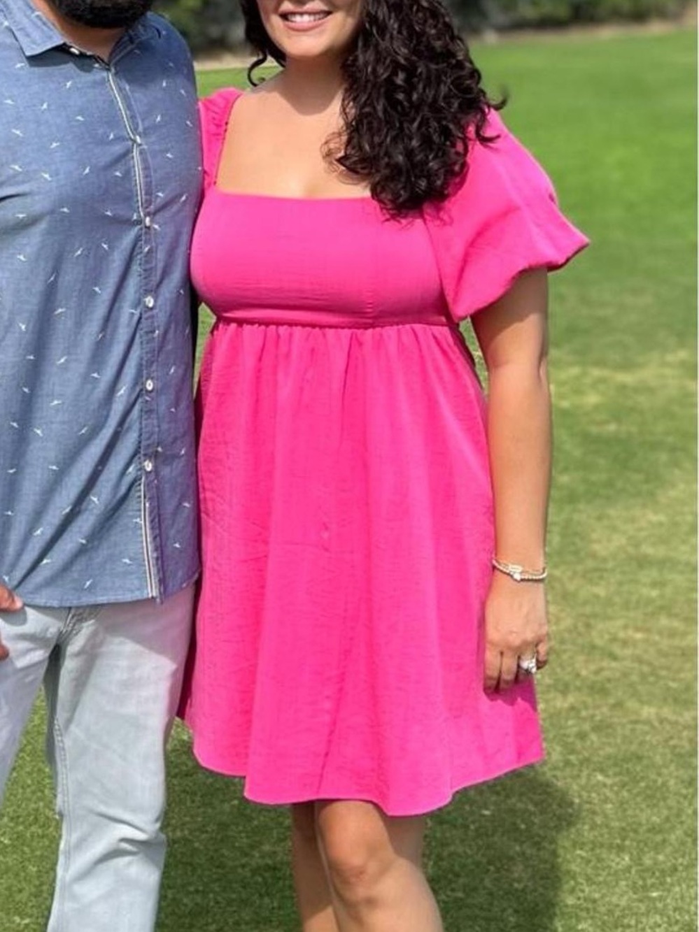 Fuchsia Square-Neck Mini Dress with Puff Sleeves